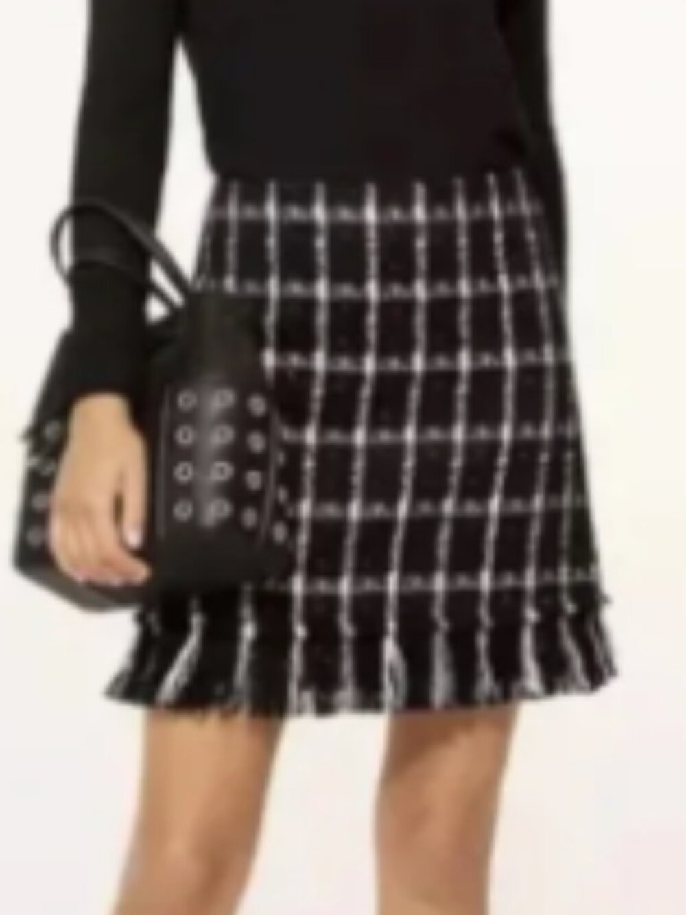 Tory Burch Marisol Mini Tweed Skirt Black Stitch Plaid Fringe size 6